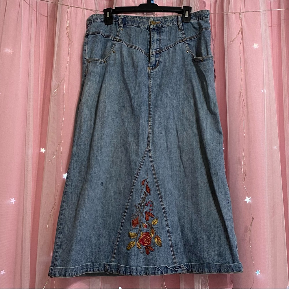 Light Blue floral embroidery Jean Skirt